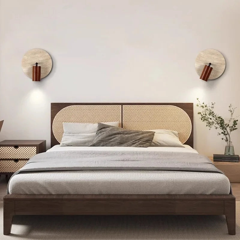 lampe murale moderne pierre jaune texture bois naturel peach beige interrupteur câble minimaliste