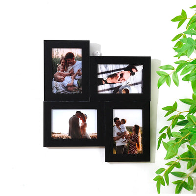 Cadre photo mural multi-ouverture 4x6 en bois blanc sur un mur beige