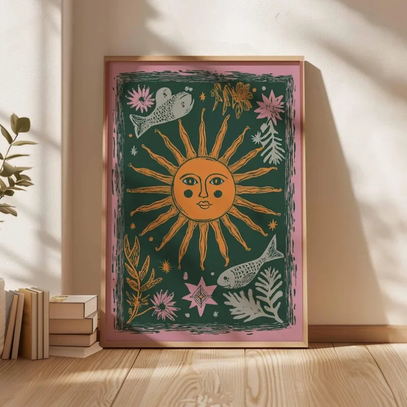 affiche abstraite soleil lune bohème art mural moderne salon chambre verte dorée roseclair floral