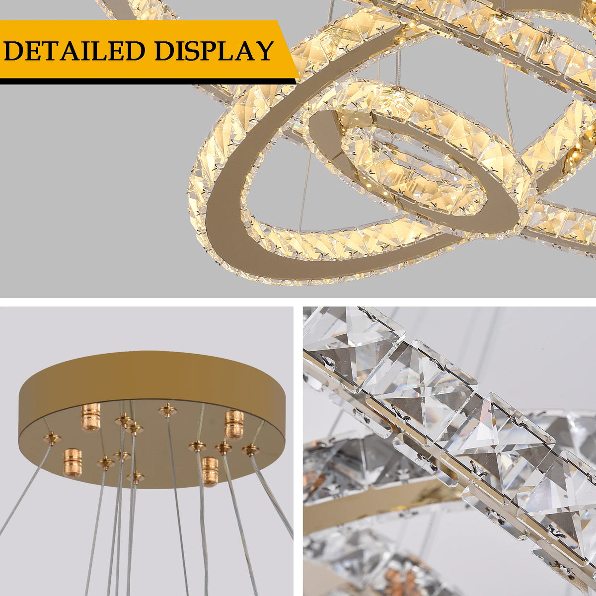 Suspension lumineuse moderne dorée cristaux scintillants led élégante télécommande entrée salon