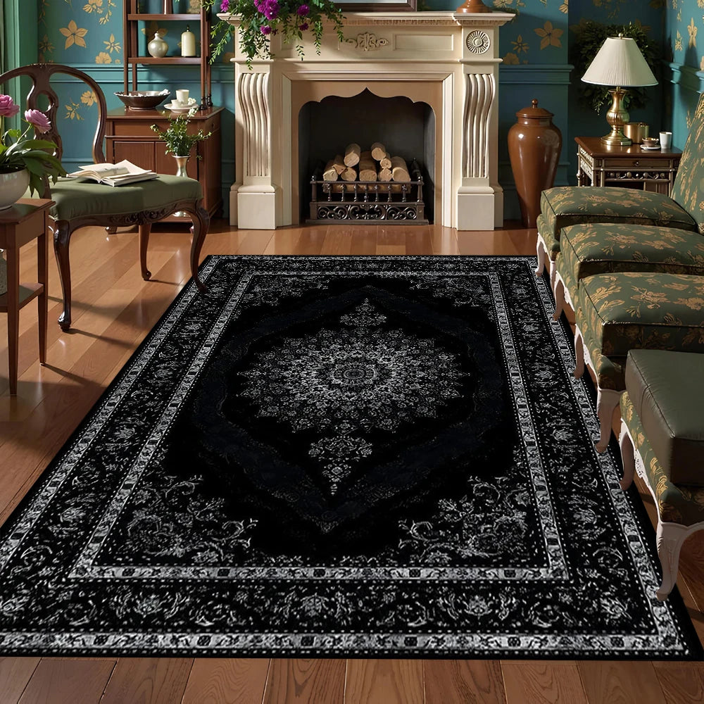 tapis noir blanc motif floral géométrique vintage salon chambre maison velours antidérapant décoratif