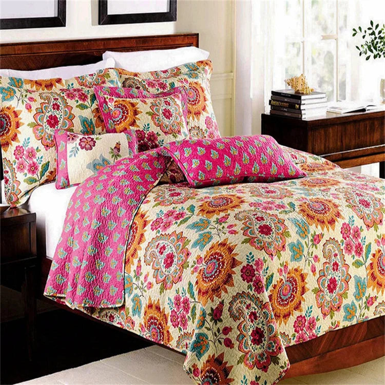 ensemble couette couverture matelassée motifs floraux coton quilté maison toutes saisons
