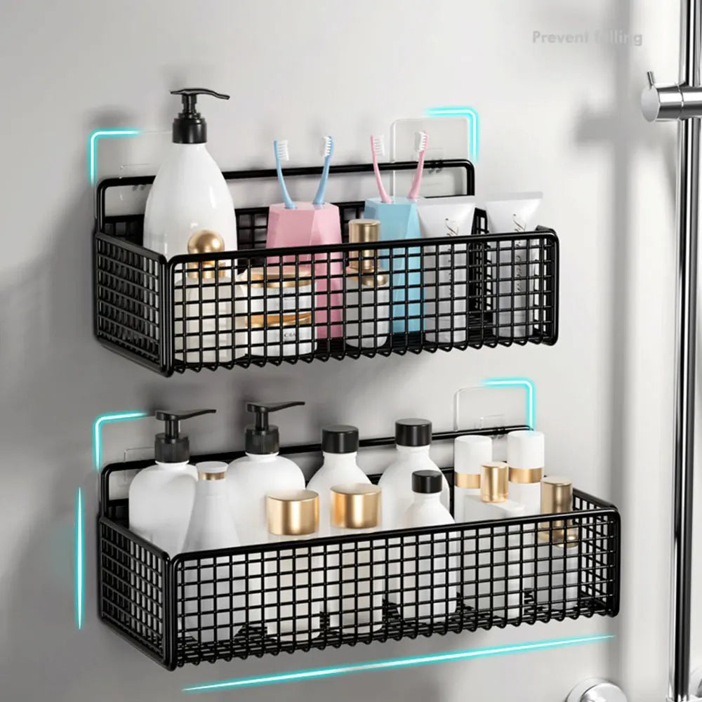 paniers rangement noir maille métallique adhésif moderne bouteilles cosmétiques brosse dents serviettes livre plume