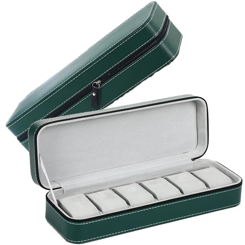boîte montres simili cuir zipper 10 compartiments supports classique vert noir gris