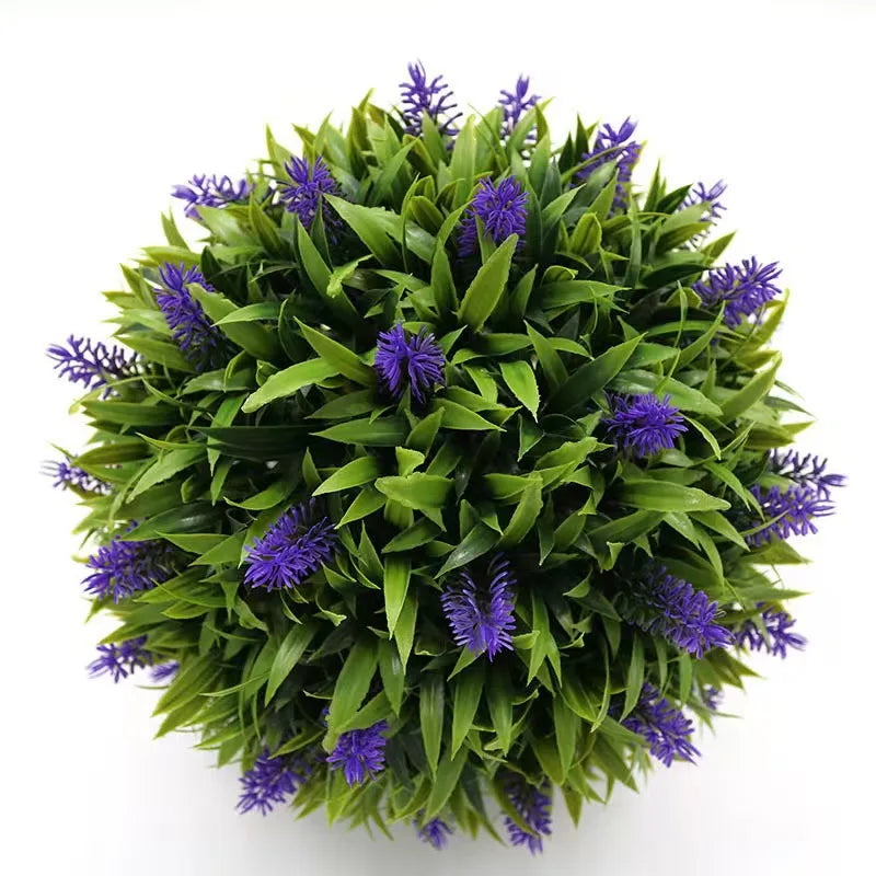 boule artificielle fleurs vertes violettes moderne décoration extérieure herbe accrochée exposée mariage festivités