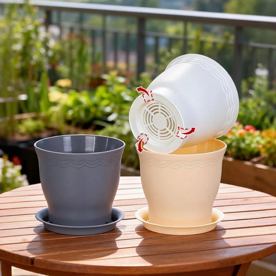 pots fleurs résine moderne blanc gris soucoupes arrosoir décoration intérieure plantes vertes