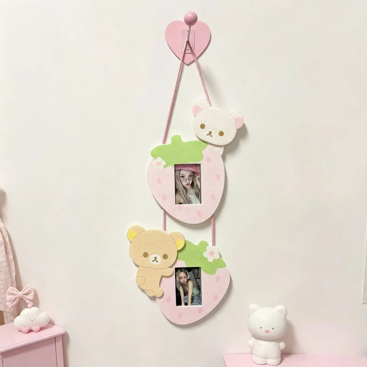 cadre photo mural rose enfantin points verts coeurs visage chat décoratif coréen