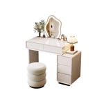 maquillage blanc moderne miroir ovale tiroirs accessoires lampe tabouret minimaliste
