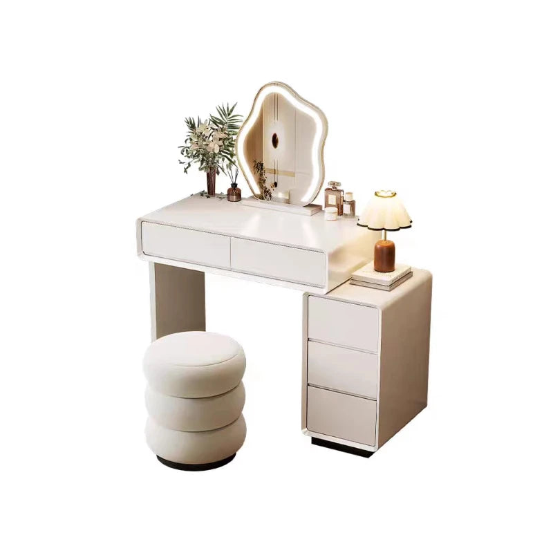 maquillage blanc moderne miroir ovale tiroirs accessoires lampe tabouret minimaliste