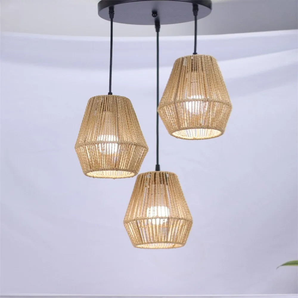 lampe suspendue moderne rotin tressé naturel chaînes noires salon 150cm hauteur led 6000k