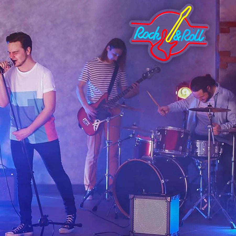 néon lumineux guitare rock roll live music couleur rouge bleu jaune blanc fixations
