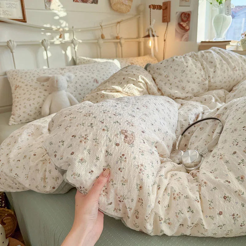 ensemble literie fleuri rose bleu marron clair coeurs taies d'oreiller housses couette doux moderne