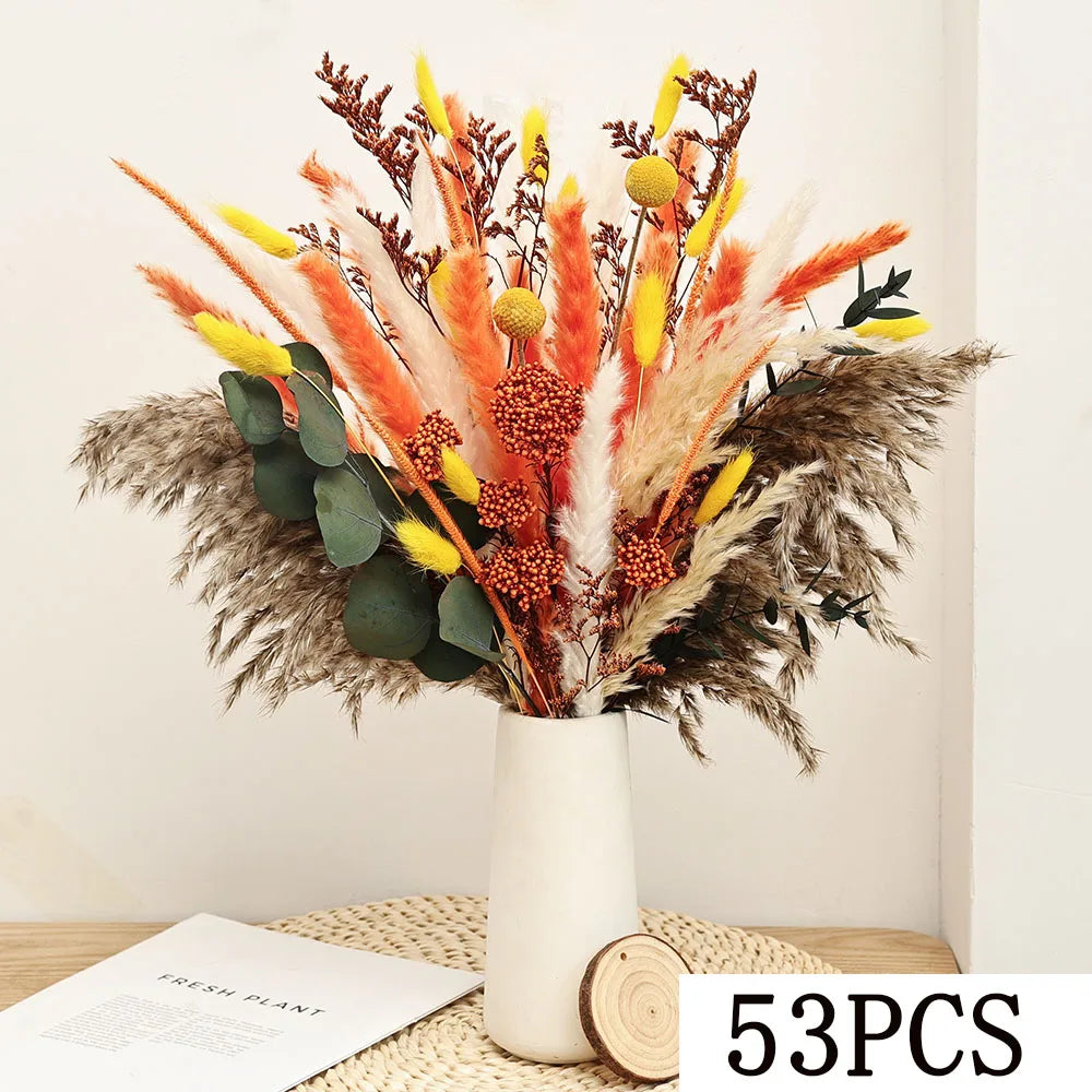 décoration boho bouquet séché eucalyptus pampas feuilles graminées vase naturel orange jaune