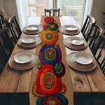chinois bohème multicolore motifs circulaires brodés table bois clair saisonnière