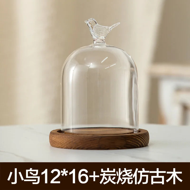 cloche verre transparent base bois bougie parfumée pinçon décoratives