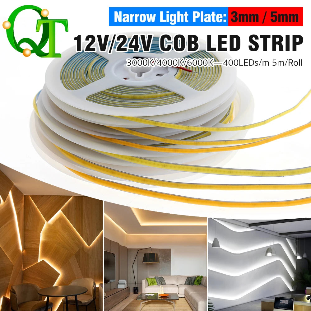 ruban led cob blanc 3mm 5mm 12v 24v lisse moderne connecteurs 5mètres rouleau
