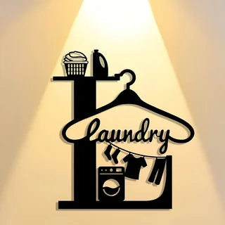 lettres décoratives moderne lettre stylisée icônes lavage machine laver lessive vêtements accrochés panier linge