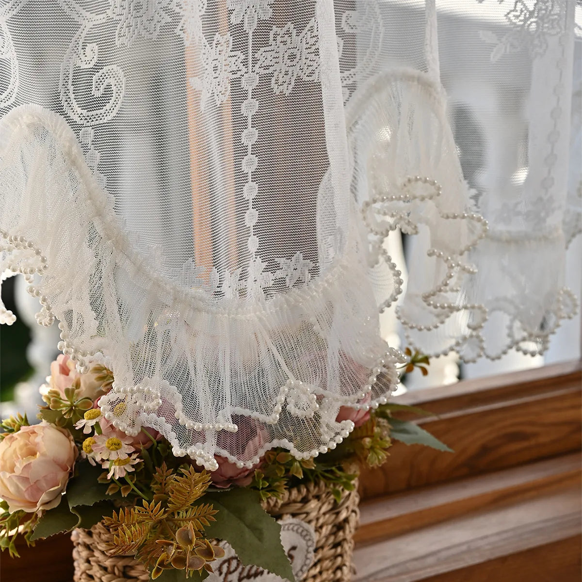 rideau blanc broderie florale dentelle translucide classique romantique cuisine chambre taille 100x55 cm