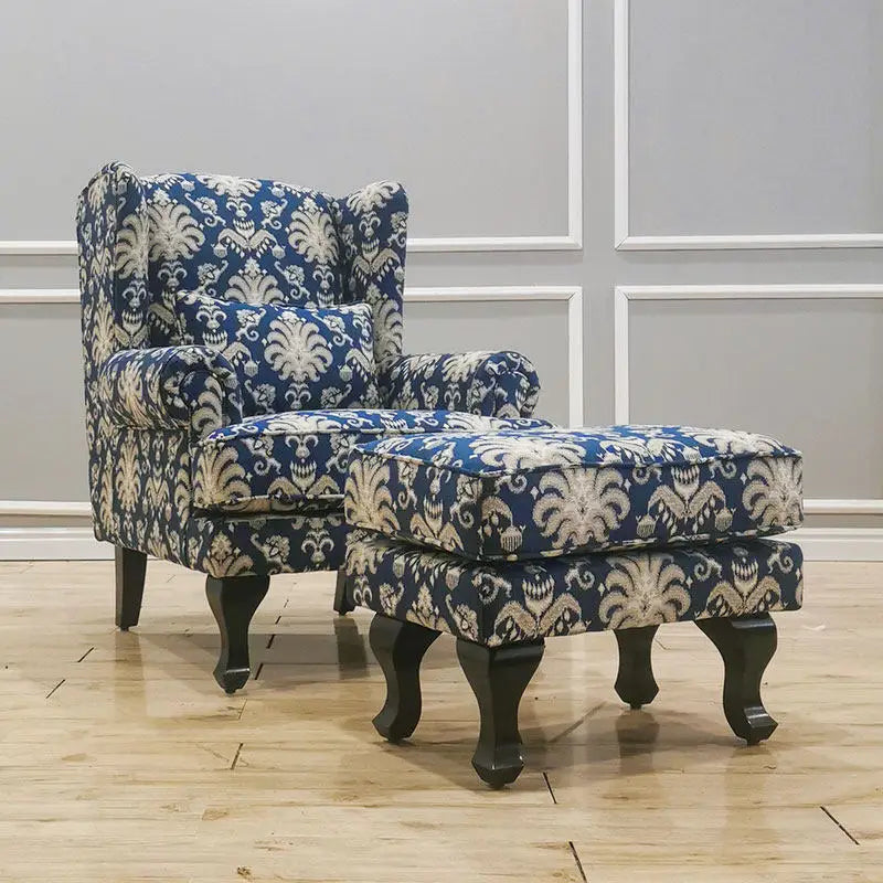 fauteuil classique bleu damassé coussin tissu composite bois sponge chambre salon minimaliste moderne