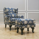 fauteuil classique bleu damassé coussin tissu composite bois sponge chambre salon minimaliste moderne