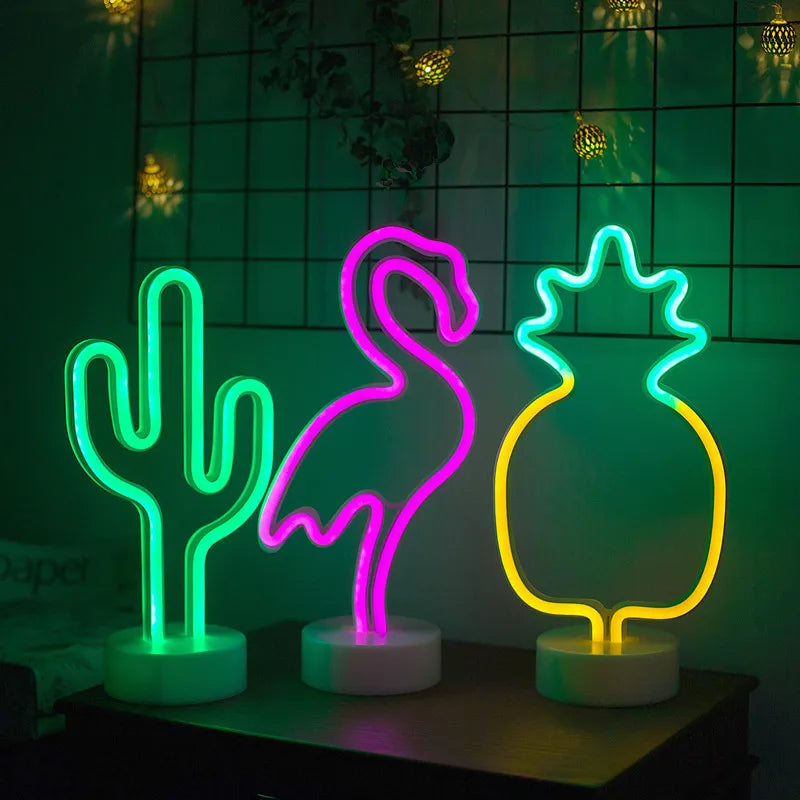 lampe néon vert rose jaune cactus flamant ananas moderne décoratif intérieur usb batterie
