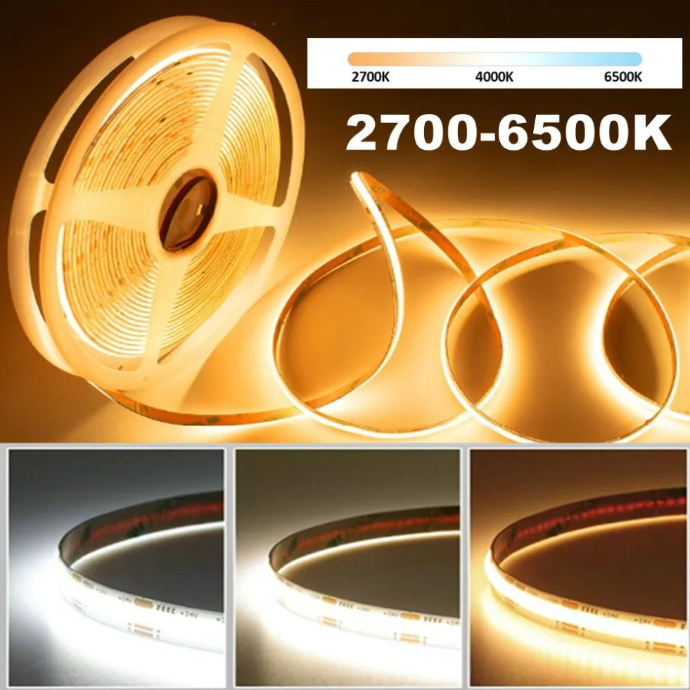 ruban led cob flexible blanc 24v haute densité intensité variable éclairage intérieur maison