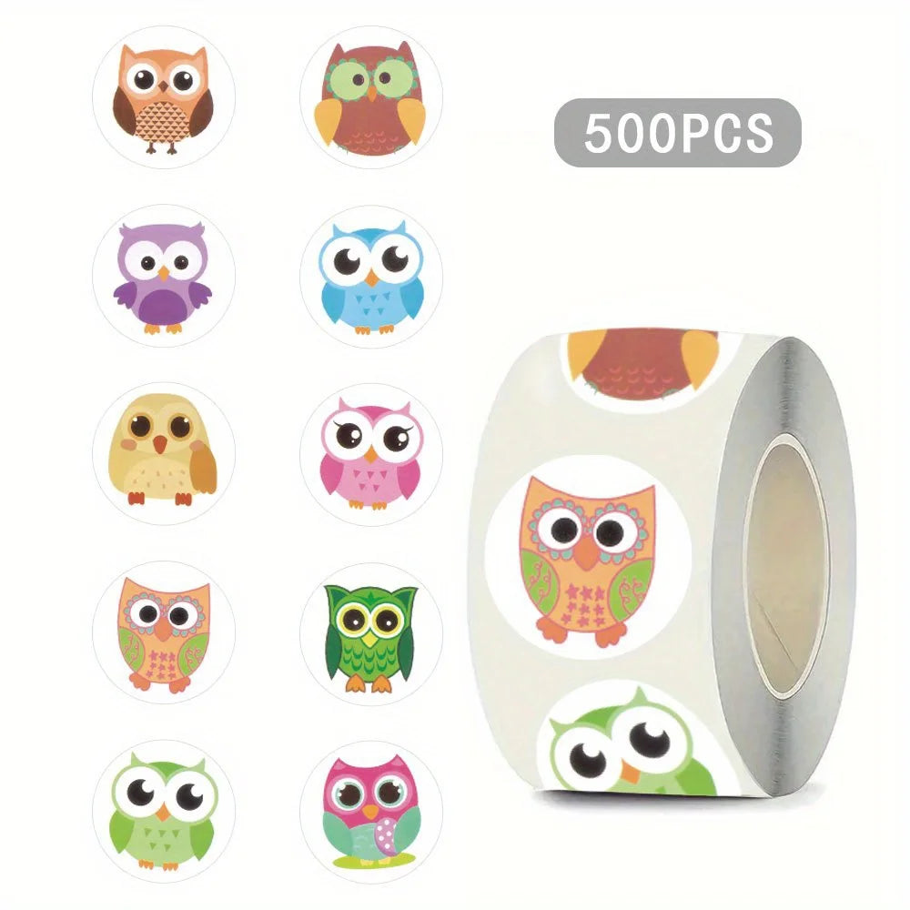 stickers autocollants hibou dessin animé vert bleu rose marron 10 motifs différents 2.4cm