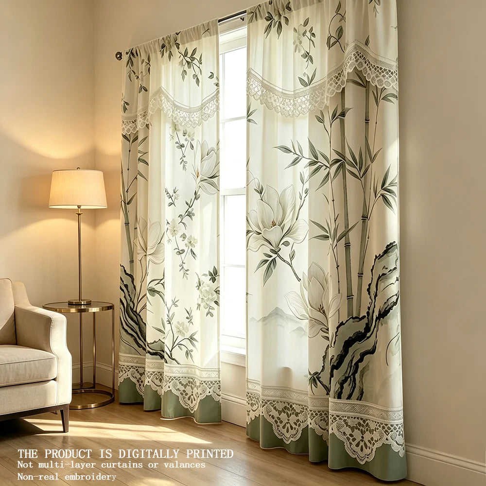 rideau imprimé fleurs feuilles dentelle semi transparent classique romantique salon anneaux métalliques polyester