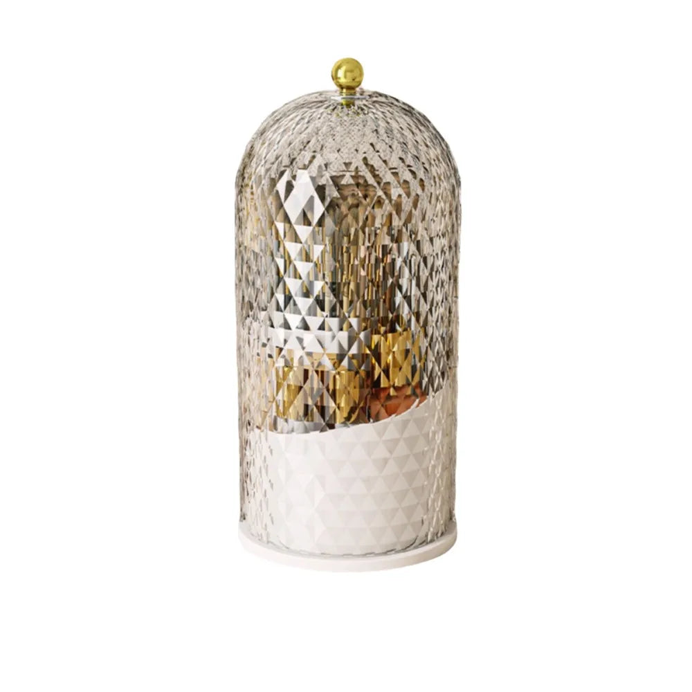 rangement rotatif transparent cosmétiques compartiments texturés surface losanges élégant décorationreuse compartments réutilisable doré poignée