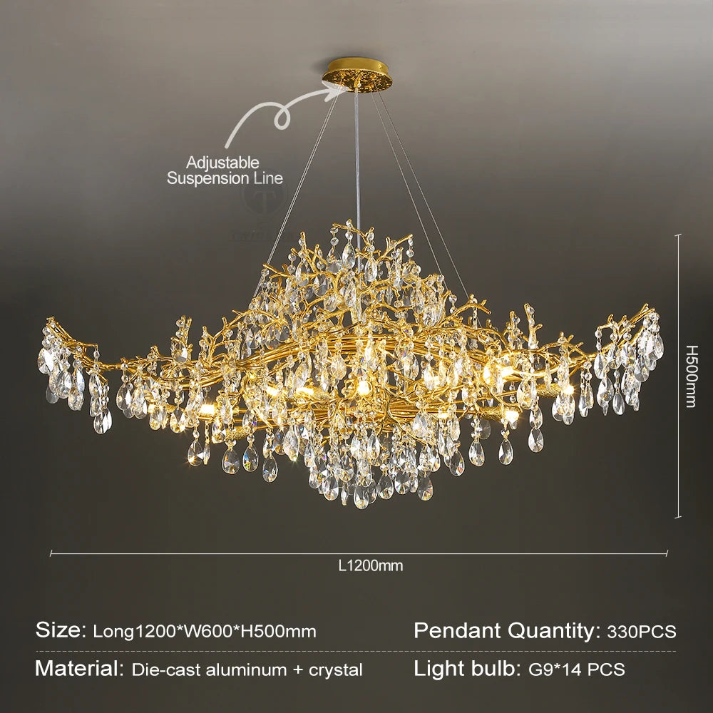 lampe suspendue or cristal moderne branches dorées pendeloques transparentes chambre salon