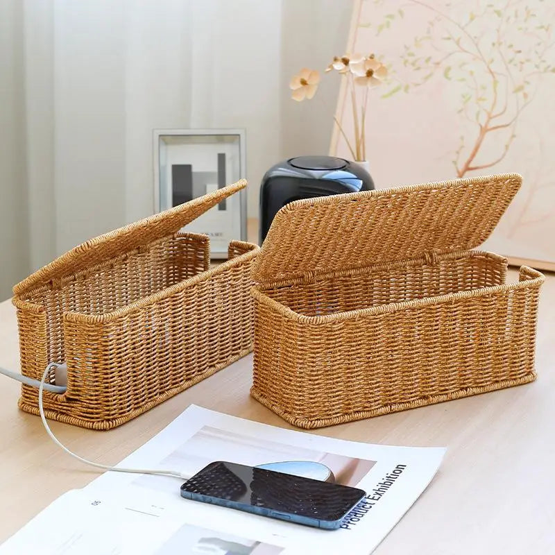 panier marron clair tressé moderne rangement chargeur usb câble smartphone maison
