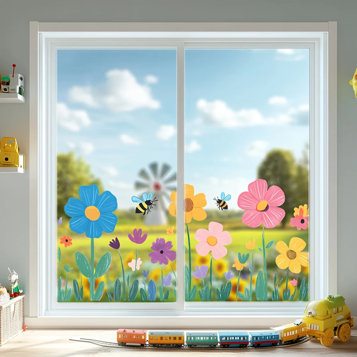 autocollant mural fleurs abeilles coloré cartoon enfantin adhésif bleu jaune rose violet vert opaque