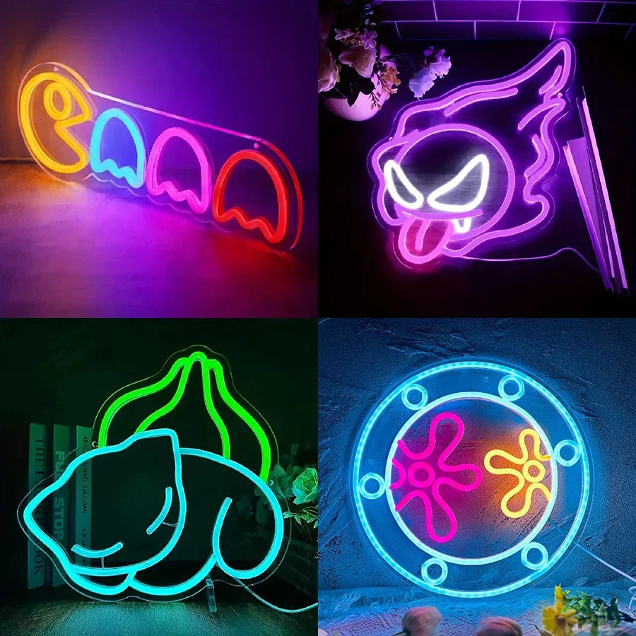 décoration murale néons lumineux multicolores motifs modernes tringles câbles