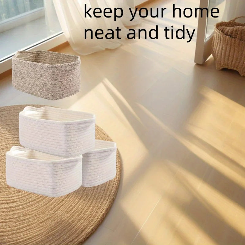 panier rangement tissu lin tressé multifonctionnel blanc cassé rustique minimaliste