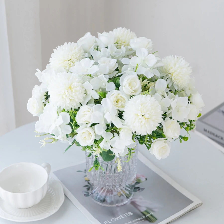 décoration extérieure bouquet fleurs artificielles roses dahlias mariage anniversaire transparent moderne