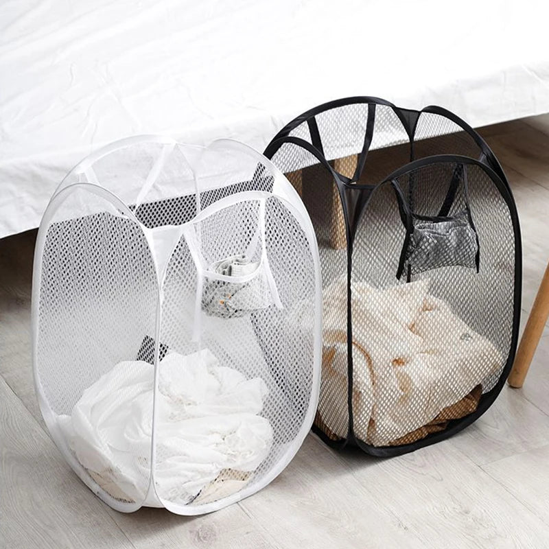 paniers linge pliables blanc noir maille minimaliste moderne poches filetintérieur ajouré
