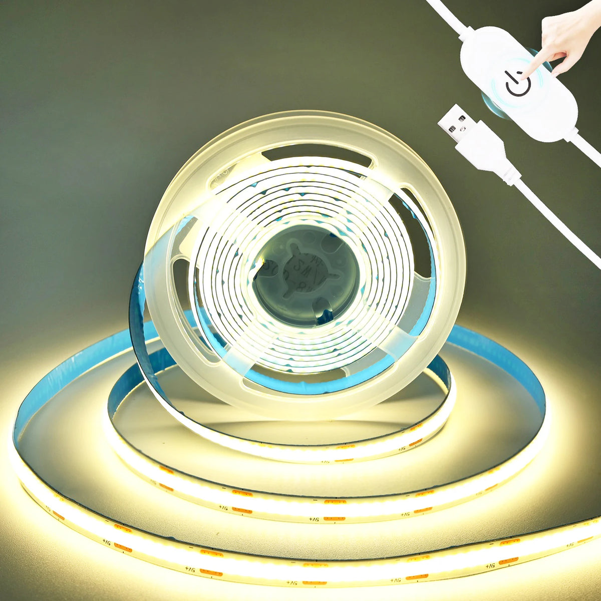 Ruban LED COB 5V avec variateur tactile USB allumé en blanc chaud