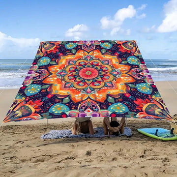 tapis plage mandala boho chic multicolore cordons fixation sable herbe