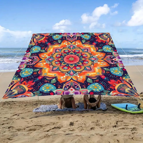 tapis plage mandala boho chic multicolore cordons fixation sable herbe