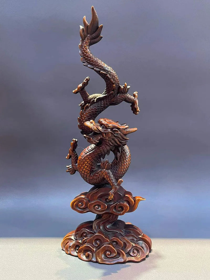 Sculpture dragon nuages bois brun détails complexes autoportante traditionnelle asiatique