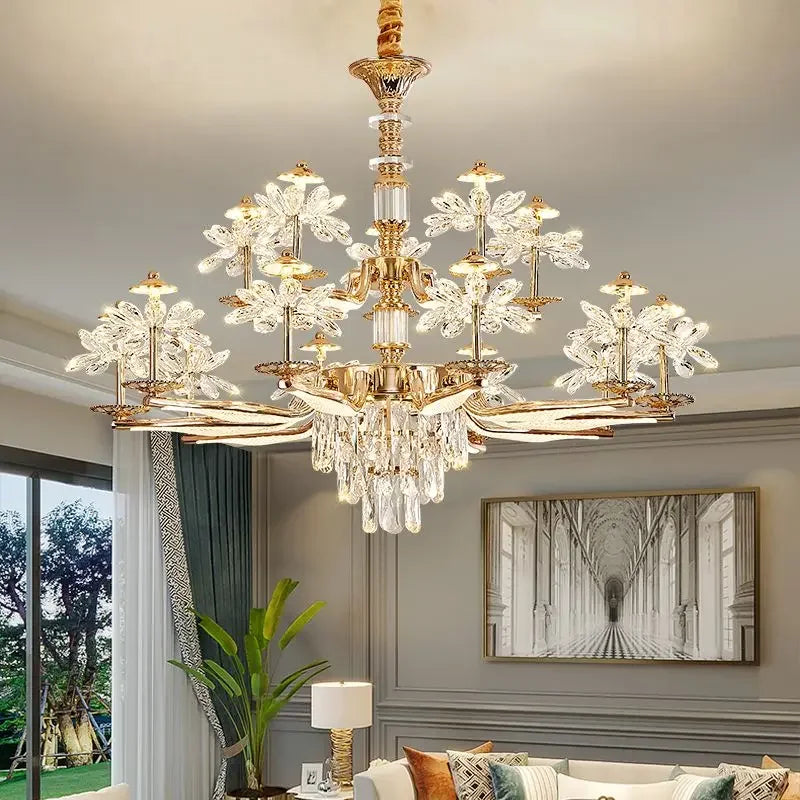lustre fleurs cristal doré salon chambre restaurant led classique éclairage décoration maison