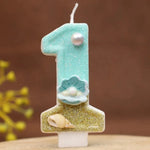 bougies numériques forme chiffres glitter thème marin anniversaire turquoise doré blanc coquillages clips