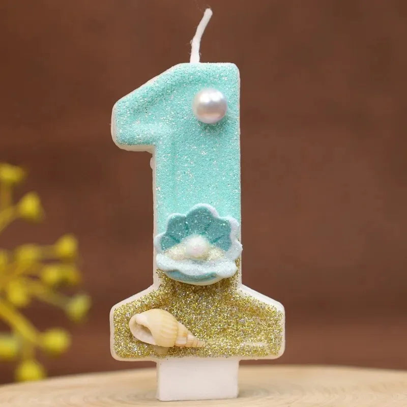 bougies numériques forme chiffres glitter thème marin anniversaire turquoise doré blanc coquillages clips