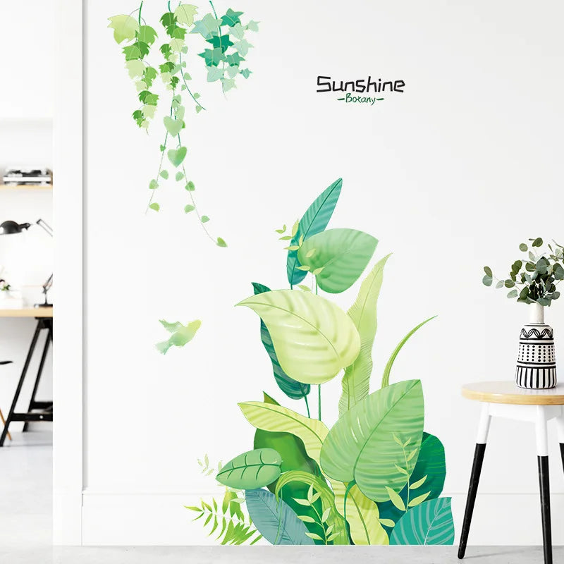 sticker mural botanique moderne feuilles vigne plantes tropicales oiseaux stylisés aquarelle pièces