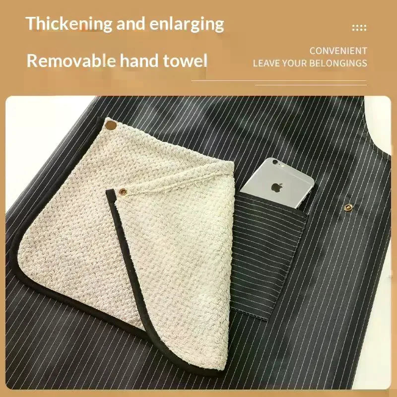 tablier professionnel bleu marine rayures verticales poche intérieure coussin amovible utilitaire cuisine
