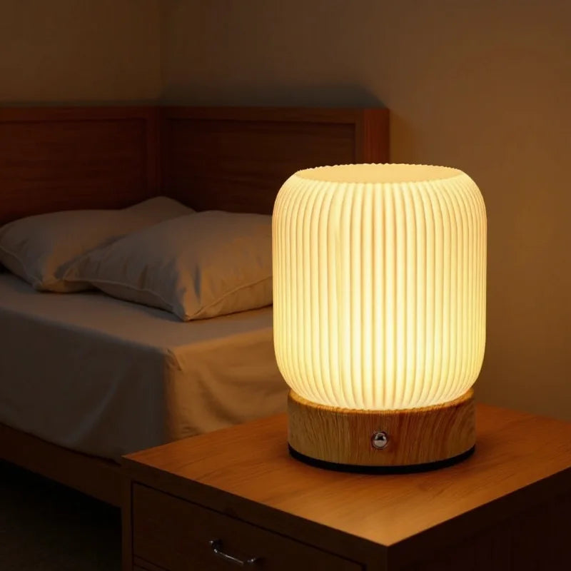 lampe table rechargeable led blanc bois moderne rayures verticales base plate minimaliste températures couleur