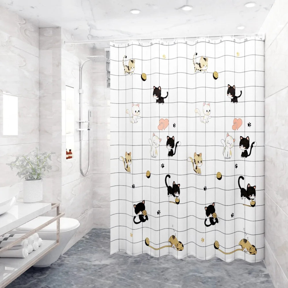 rideau douche moderne opaque motifs chats fleurs polyester blanc rose