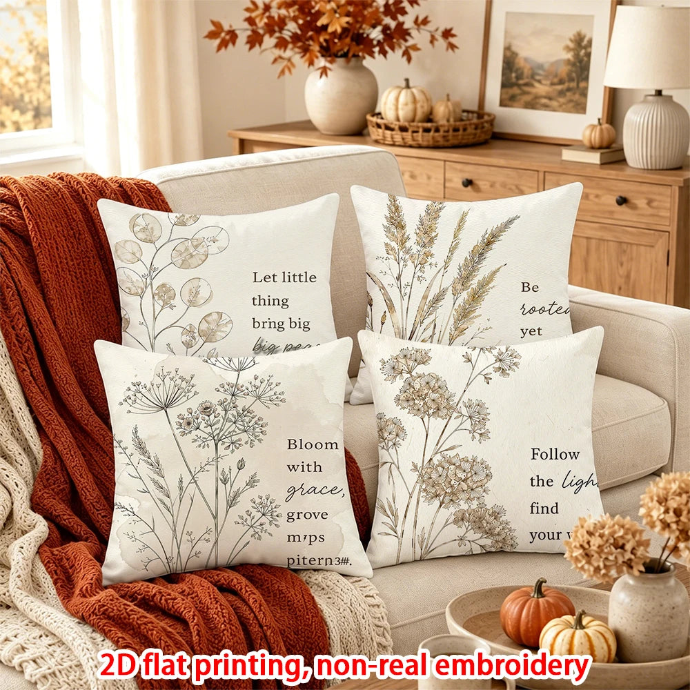 housses coussins décoratives automnales motif fleurs séchées blanc beige 40x40cm 45x45cm 50x50cm 60x60cm polyester