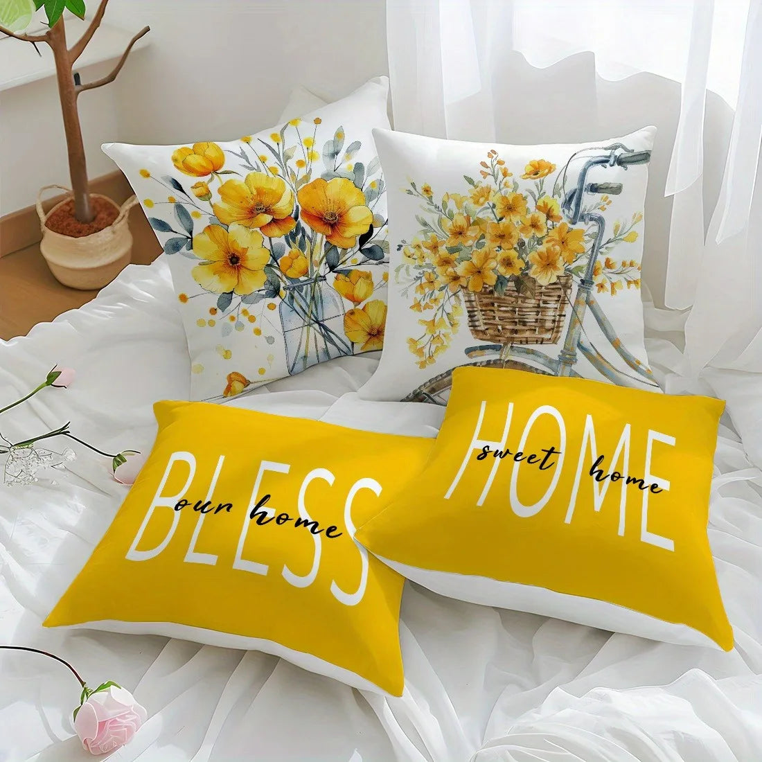 housse coussin polyester motif fleurs textes sweet moderne blanc jaune chambre salon voiture 40x40cm
