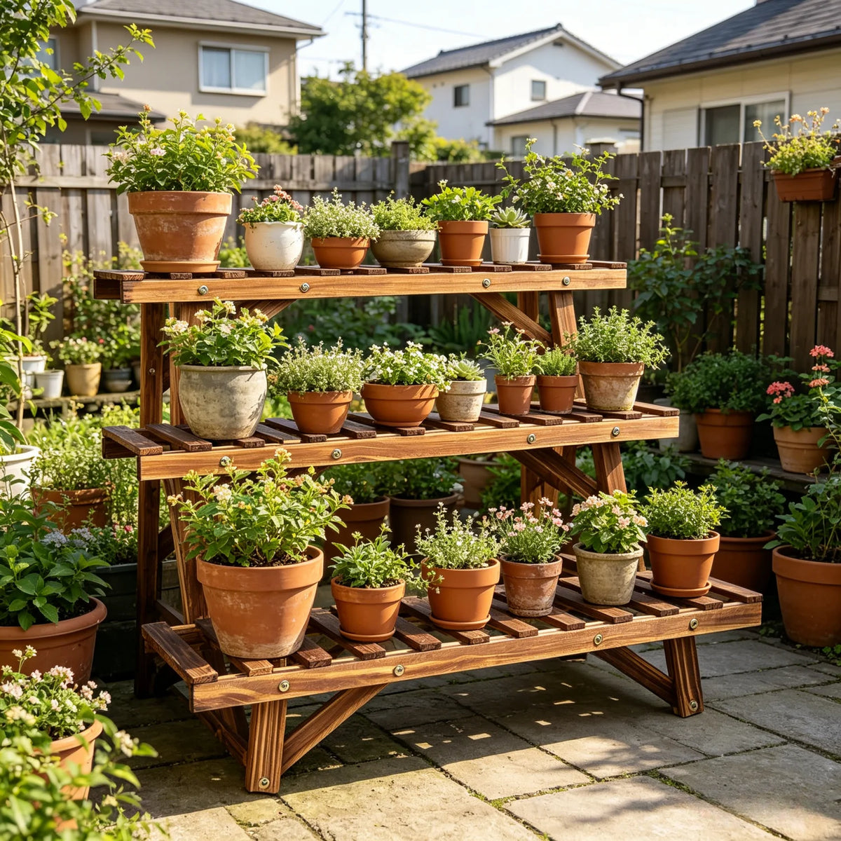 présentoir pliant bois moderne niveaux vis fixations plantes salon balcon 70cm 25cm